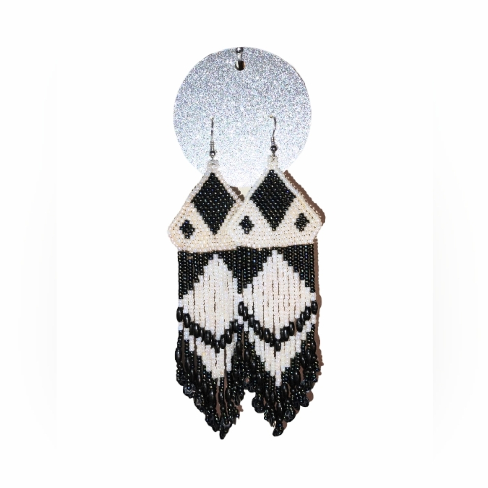 Black and White Geometric Fringe Earrings